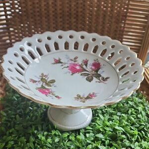 Vintage Japan Moss Rose Pedestal Dish With Gold Tone Detail Coquette Bridal